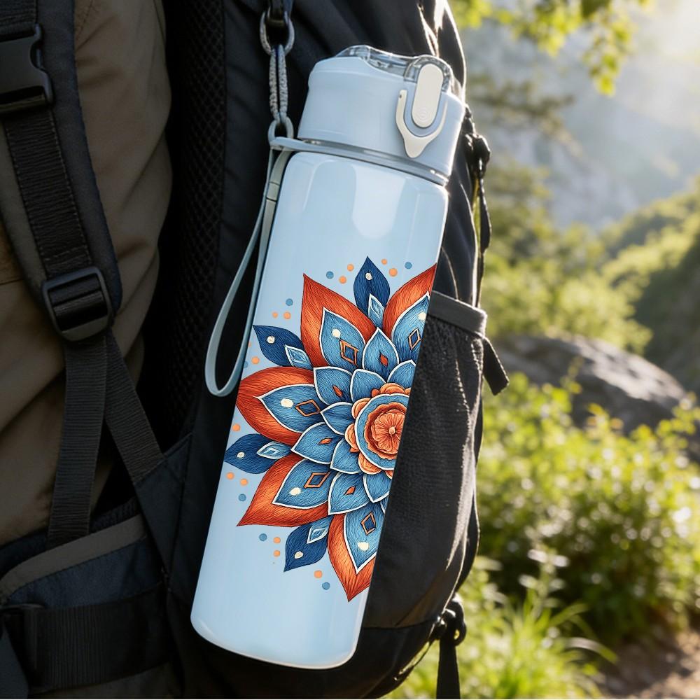 1PC Blue Red Mandala Pattern 750ml Color Plastic Sports Water Bottle Leakproof Flip Straw Lid Suitable for Sports Office Home Use
