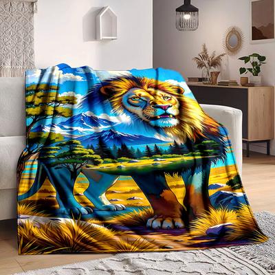 1pc Lion Safari Landscape Blanket Lightweight Blanket Throw Blanket For Sofa, Bed, Travel, Camping, Livingroom, Office, Couch, Chair Yy251010016