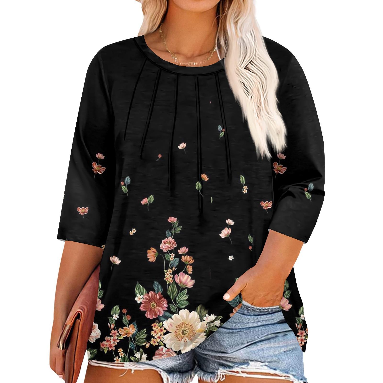 

Женские топы с принтом и круглым вырезом больших размеров, рукава 3/4, элегантные рубашки L чёрный