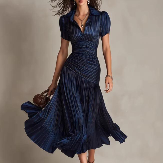 European and American new hot-selling retro striped satin pleated dress S