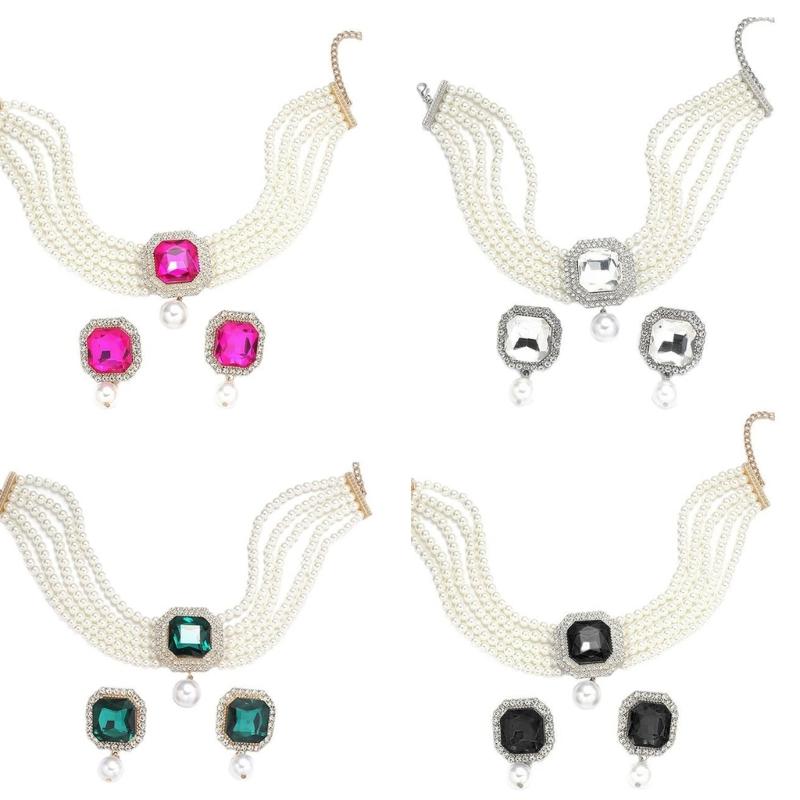 Pack Of 1 Set Elegant Multilayer Faux Pearls And Geometric Crystal Necklace and Earrings Set For Women Lady