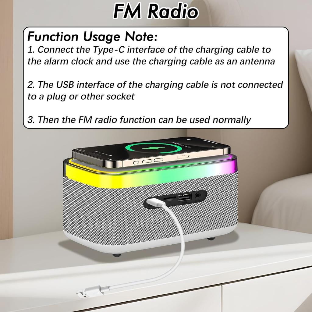 Despertador de Rádio de Cabeceira, Despertador com Carregamento Sem Fio de 15W, Alto-falante Bluetooth, Carregador Sem Fio, 13 Efeitos de Iluminação LED, Rádio FM, Carregamento USB