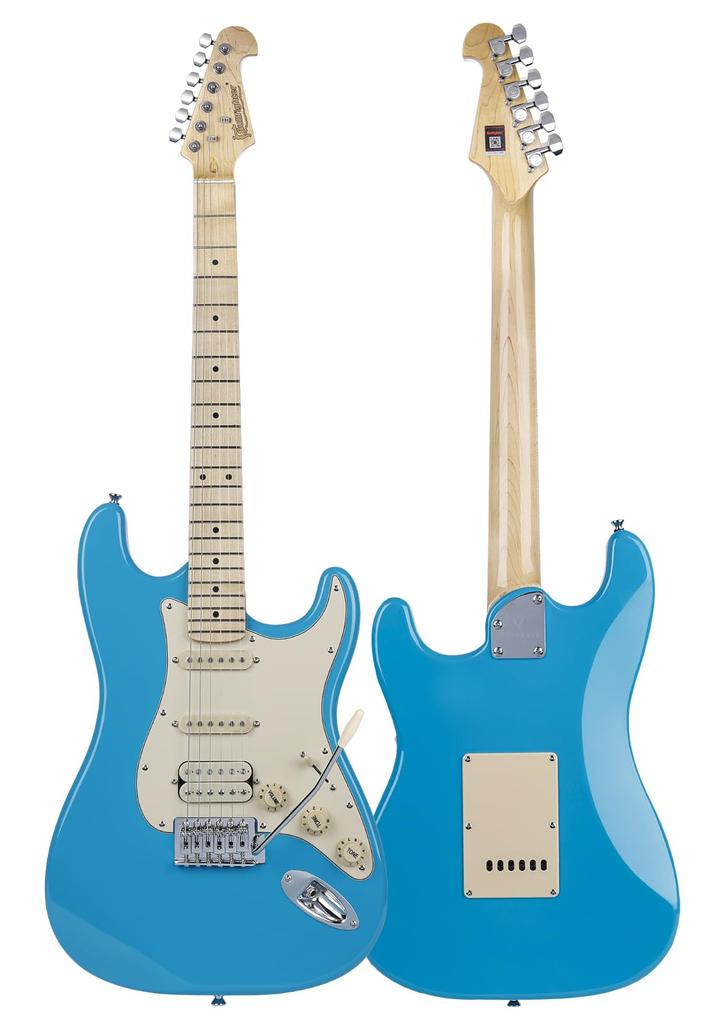 Bullfighter Electric Stratocaster Type D120 Set Includes and Strap Guitar, (Blue), Beginner's Strings, Case, Picks,