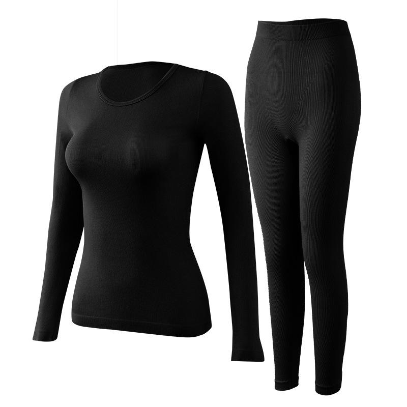 

Женский шелковый термокомплект Meiyabi - круглый вырез, высокая эластичность, комфорт для осени/зимы, топ с длинными рукавами и брюки M-L (One Size) чёрный