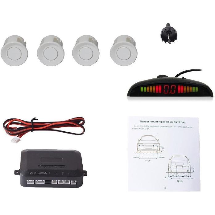EKYLIN Car Auto Vehicle Reverse Backup Sensors System with 4 Parking Sensors Distance Detection + LED Distance Display + Sound Warning (White Color)