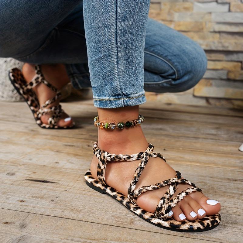 Women'S Leopard Print Flat Sandals - Stylish Braided Strap Elastic Non-Slip Summer Beach Shoes with TPR Sole Casual Open-Toe Design for Casual Attire,