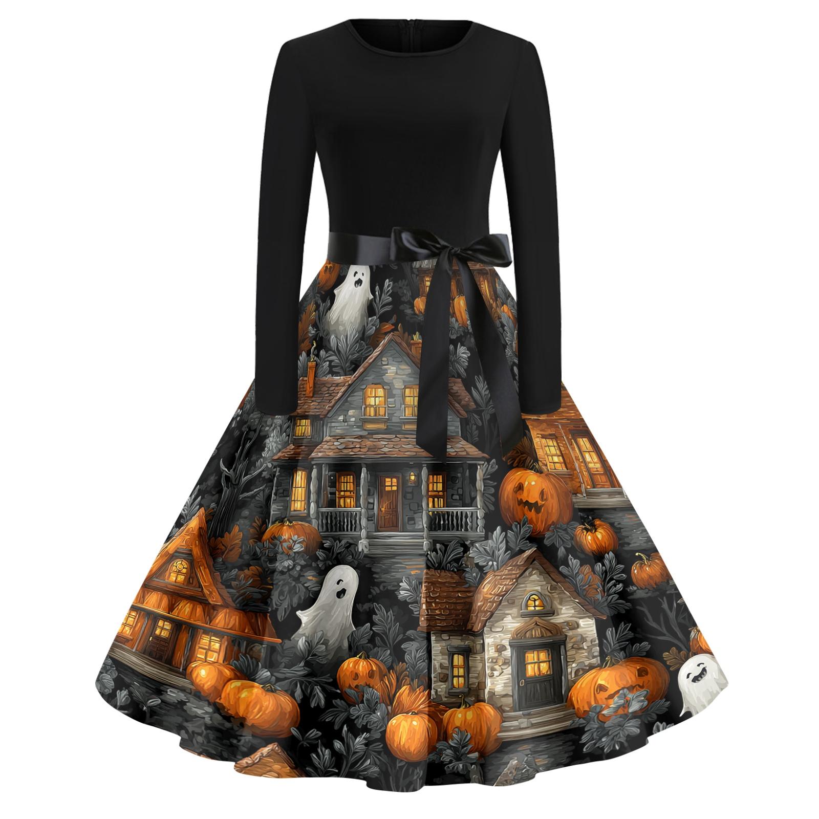 

Women s Casual Fashion Round Neck Halloween Printed Vintage Dress XXL