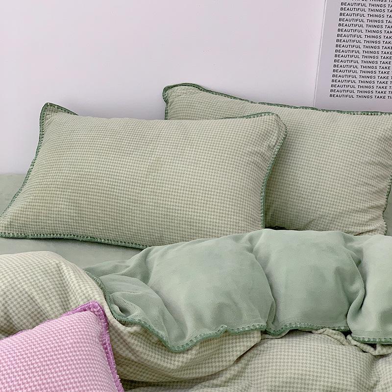 Thickened Milk Fleece Nordic Simple Small Thousand Bird Grid Bed Four-Piece Coral Fleece 1.5M 1.8 Double-Sided