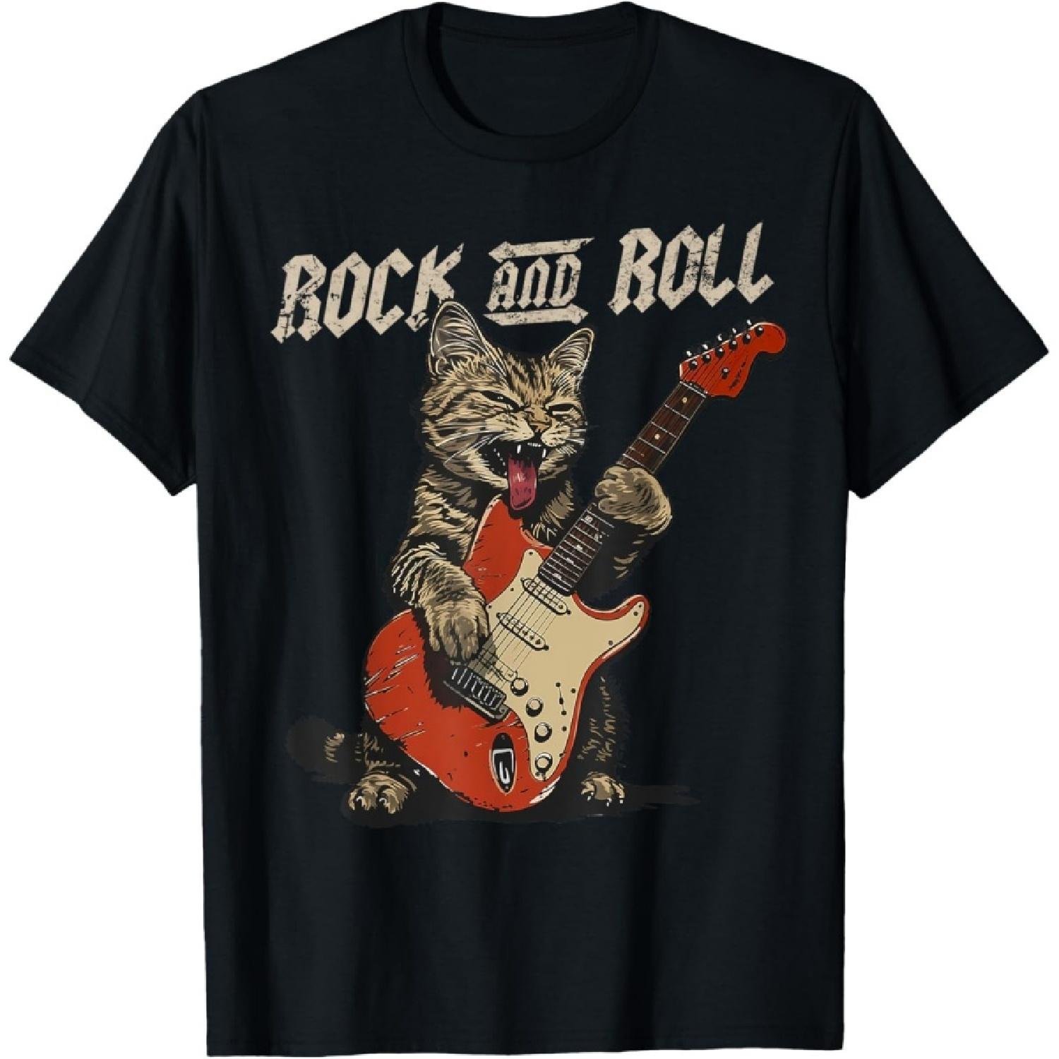 Rock and Roll Guitar Cat Vintage ROCK Guitarist Cat T-Shirt for Men Women Girls Kids S