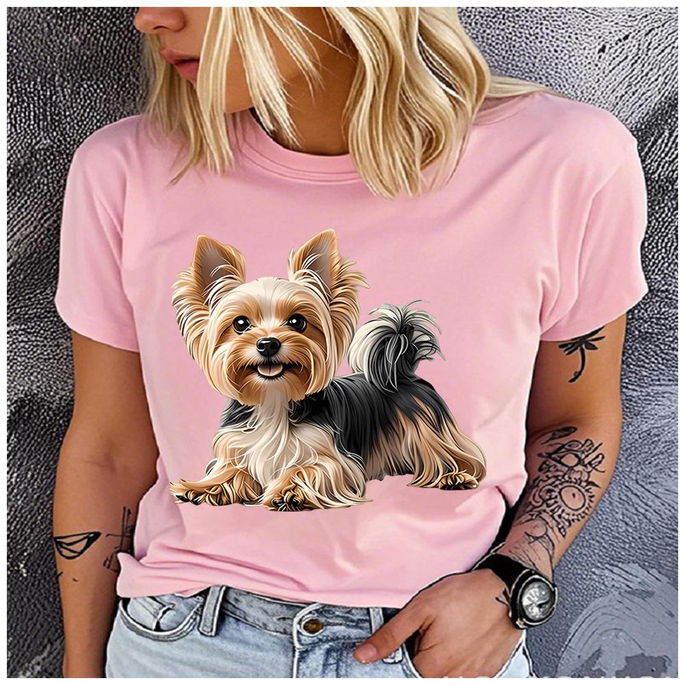 Polyester 100% Cute Yorkshire Terrier Puppy Graphic Women T-Shirt Yorkie Dog Pet Lover Print Short Sleeve Casual Summer Tee