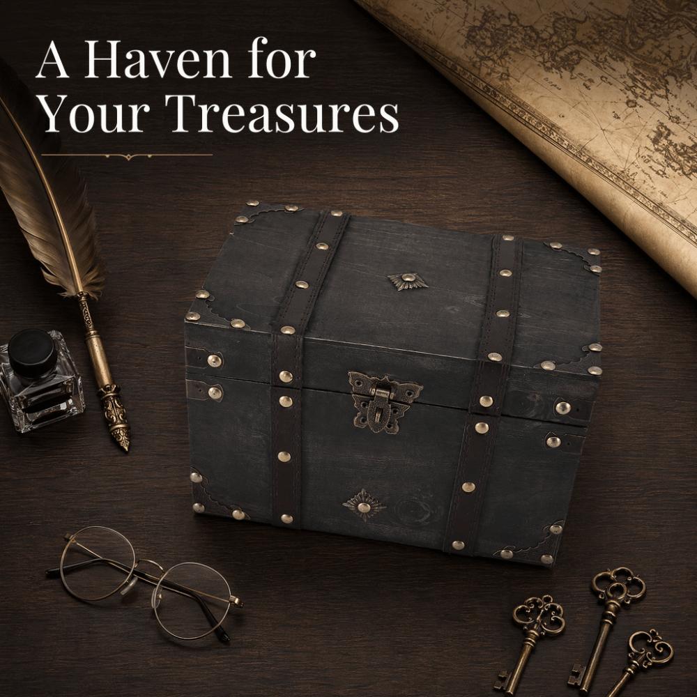 Large Decorative Treasure Chest Grey Wooden Jewelry Box Wooden Storage Box Home Bedroom Decor