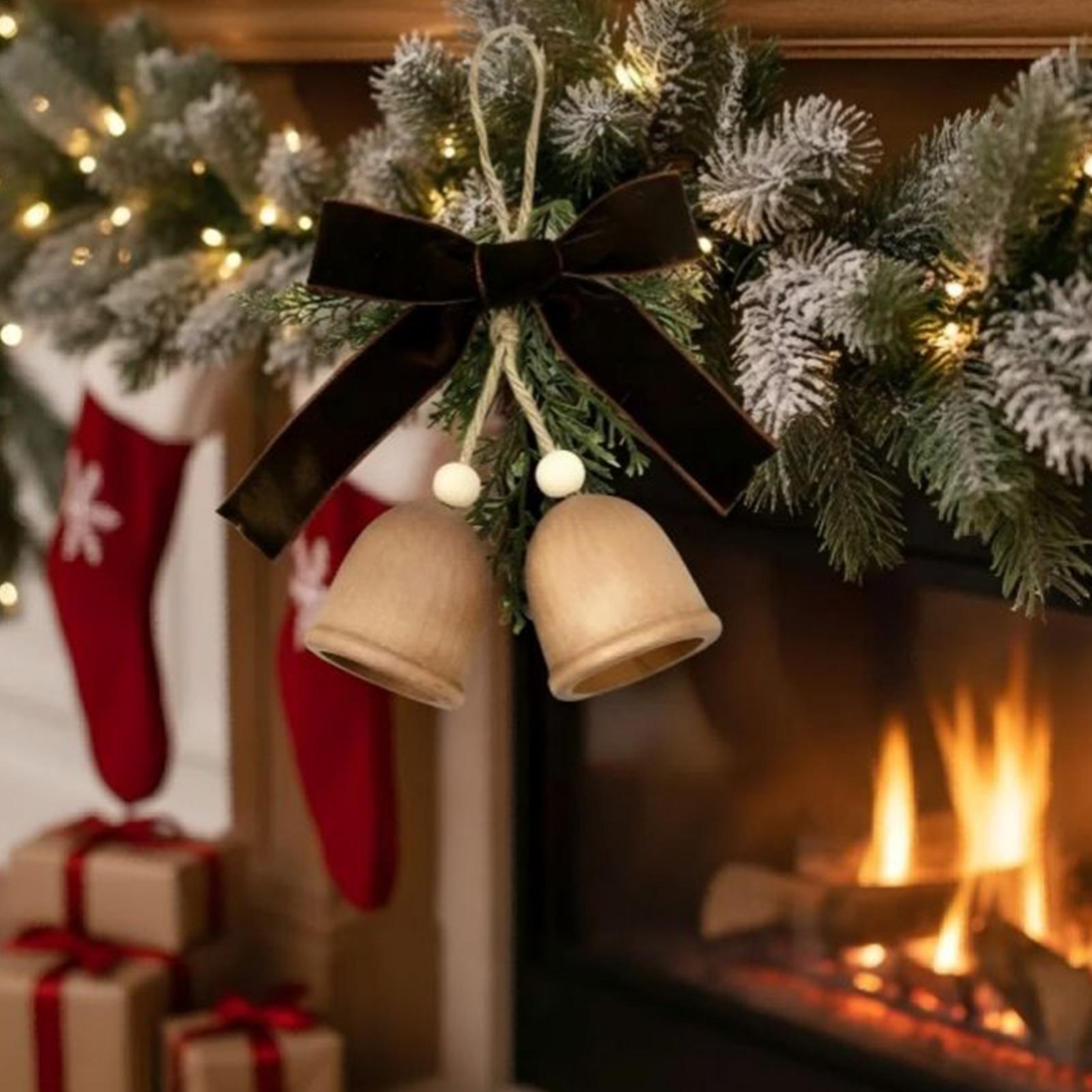 

Bell Ornaments For Christmas Tree Wood Ring Pendants Christmas Tree Bells With Pine And Bow For Garland Door Tree Holiday Others