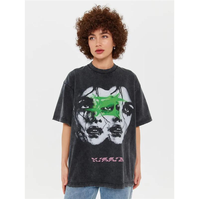 

Оверсайз Ретро Темная Футболка: Американский стиль тяжелой промышленности с панк-уличной атмосферой, короткий рукав L промывают черный