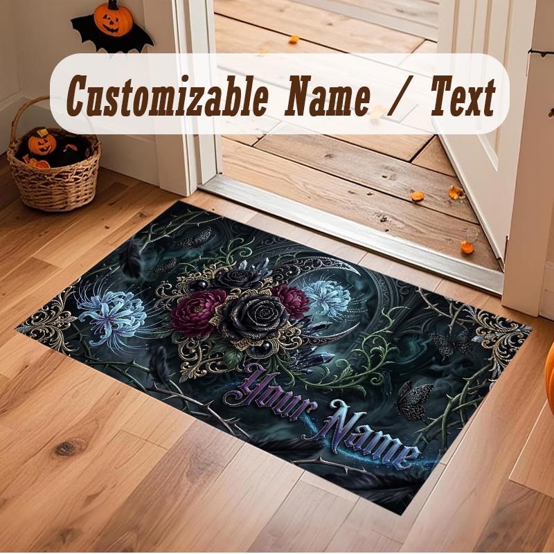 Tappeto Morbido in Velluto di Cristallo Tema Gotico Teschio Stampa Personalizzata Nome e Testo Tappeto Antiscivolo per Camera da Letto Soggiorno