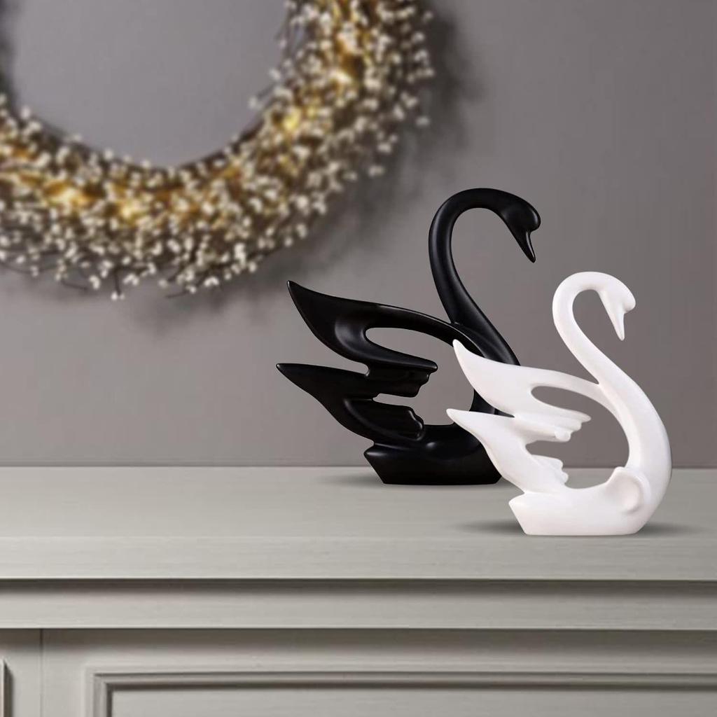 Lavish Modern Home Décor Swan Couple | Matte Finish Ceramic Figurines (Set of 2Pc, White and Black)