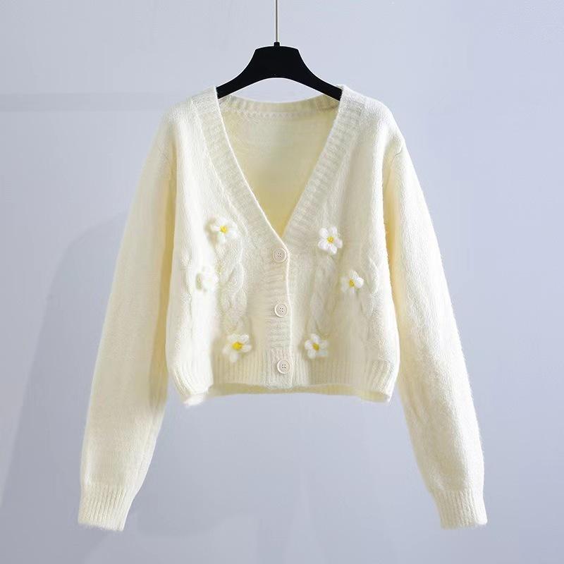 Handmade Chunky Knit Flower Cardigan for Women - Early Autumn Korean Style