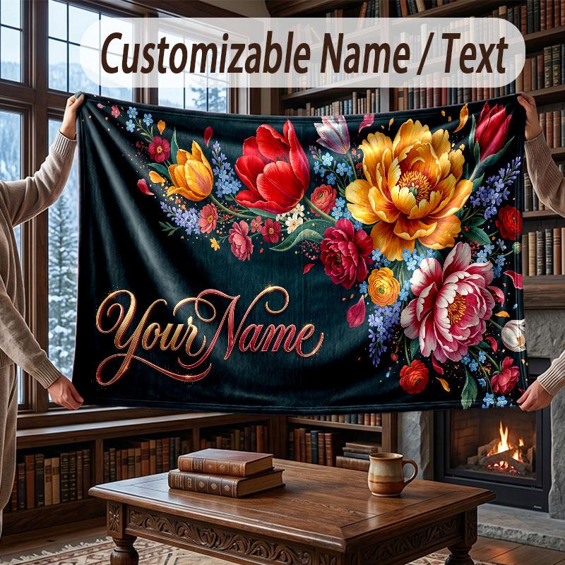 Floral Garden Theme Throw Blanket Custom Name Text Personalized Blanket Soft Cozy Blanket for Home Sofa Bed