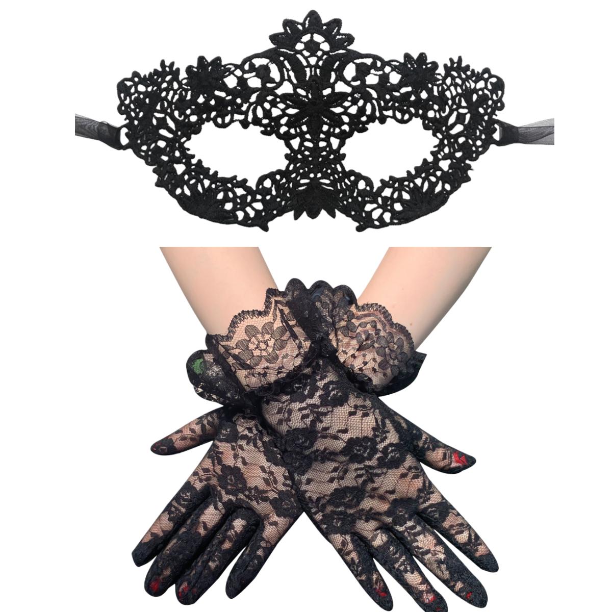 Black Queen Lace Mask Embroidery Flower Gloves Set Party Costume Carnival Mask Woman Accessories Wedding Mask Masquerade Mask