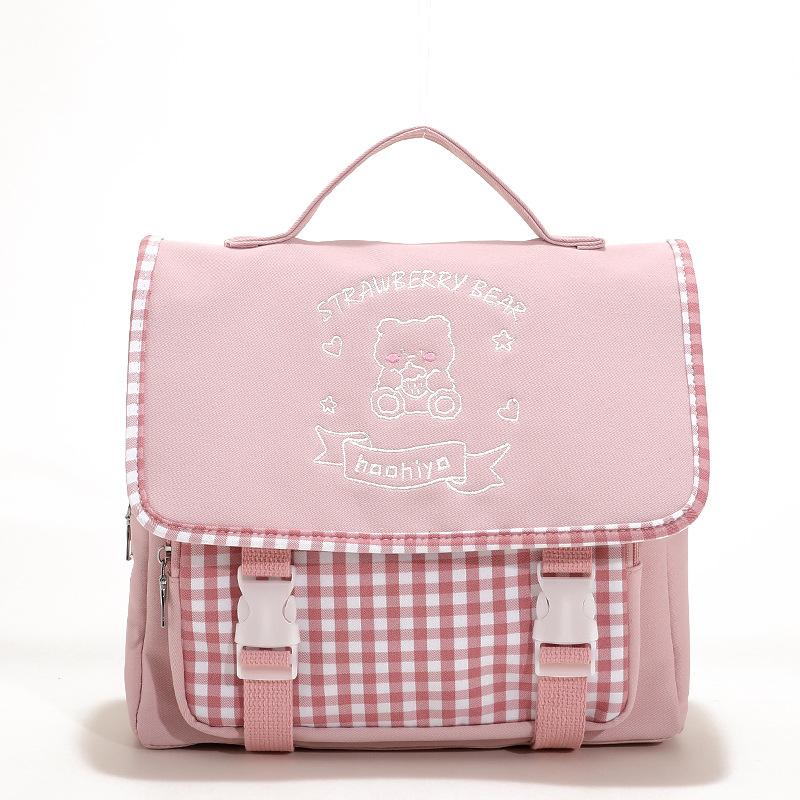 

Junior Miss Shoulder Bag Women Cute Embroidery Bear Purse Checked Canvas Handbag School Books Tote Girl Crossbody Messenger Bags