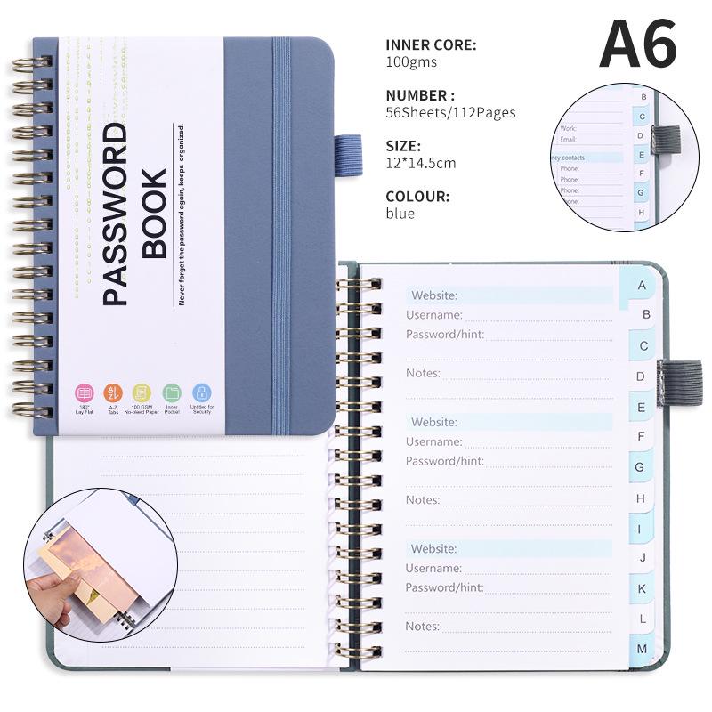 A6 Password Coil Notebook with Custom Letter Tabs & Logo for Business Meetings