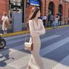 Newsight Knit Tight Long Long Sexy Bodycon Style Women's Dress, Skirt, Sleeves, V-Neck, Cute, Stylish, Off-the-Shoulder, (Beige)