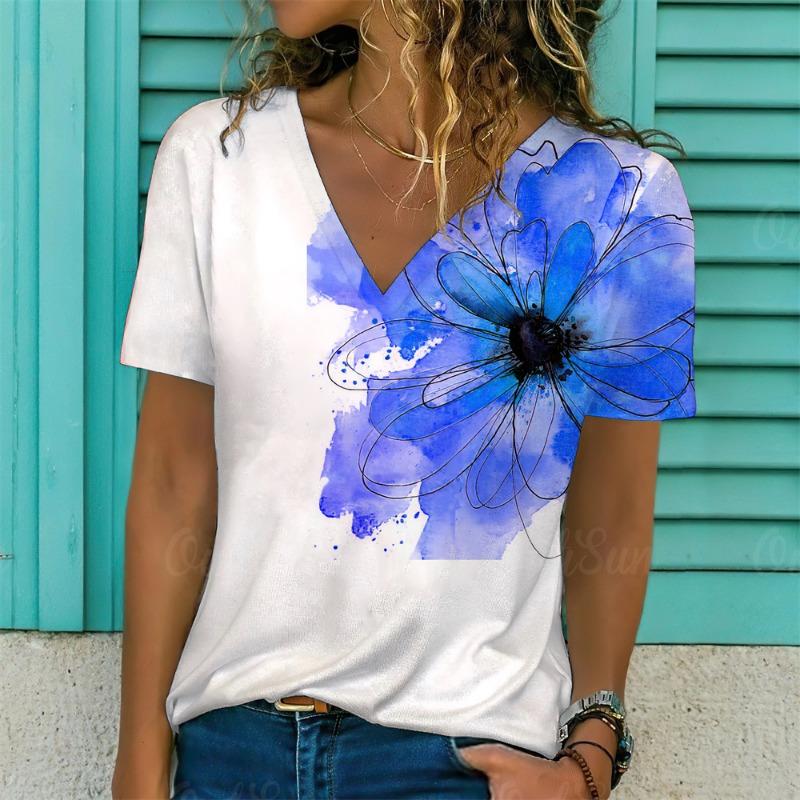 Plus Size 1XL-5XL Women's Summer V-neck Fashion Geometric Print T-shirt Women Casual Short Sleeved T-shirt