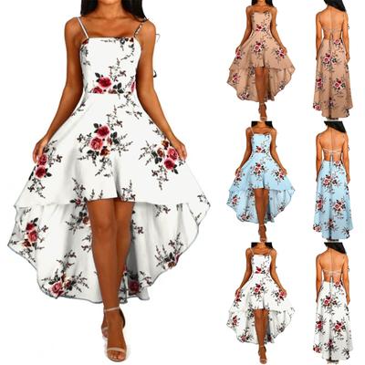 Boho Women Holiday Strappy Floral Print Ladies Beach Swing Irregular Tuxed Dress
