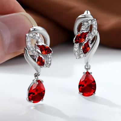 Luxury Silver Gold Color Red Stone Drop Earrings Elegant Bridal Dangle Waterdrop Earrings Fashion Jewelry for Women Gift