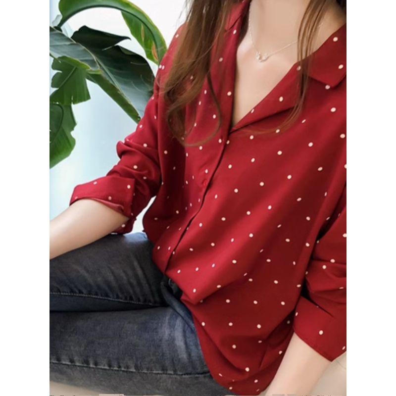 K-style Spring & Fall Hong Kong Fashion Suit Collar Polka Dot Dots Print Single Breasted Long Sleeve Shirt Top Solid Color Shirt