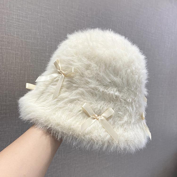 Rabbit Fur Bow Plush Bucket Hat Female Autumn and Winter Big Head Circumference Showing Face Small White Bucket Hat Warm Hat Tide