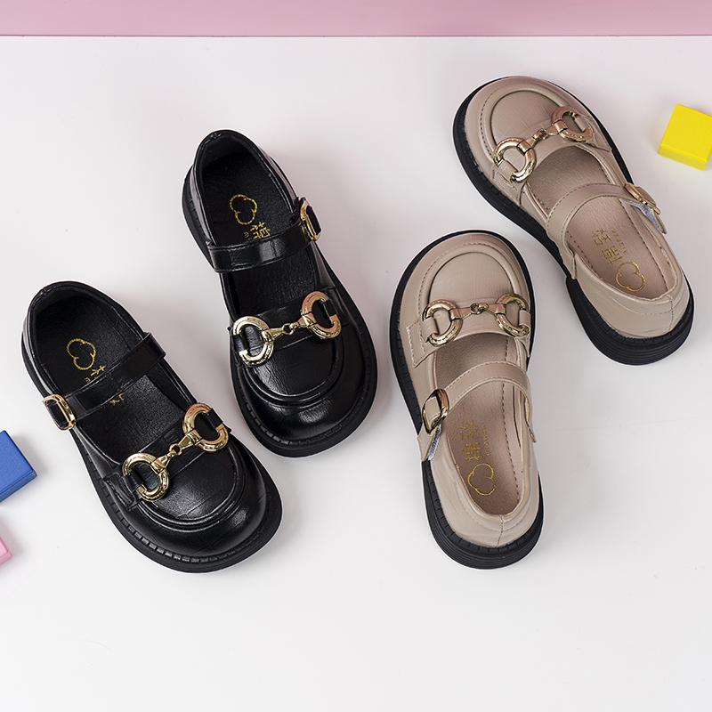 2024 Spring New Girls Leather Shoes Round Toe British Style Retro Metal Buckle Soft Kids Fashion Princess Loafers Shallow Causal