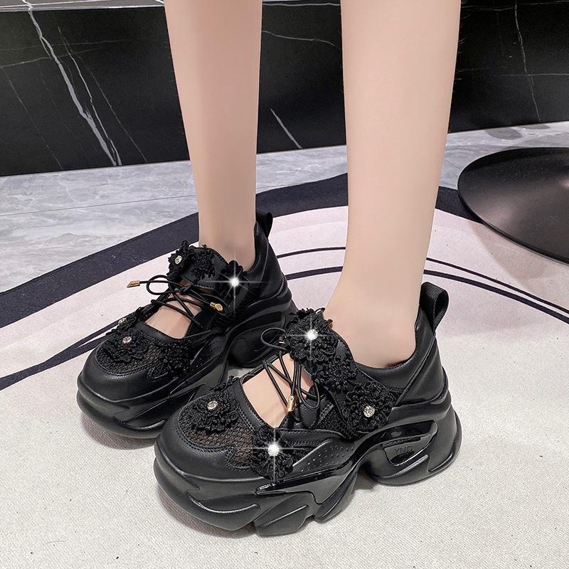 Men Women Summer Casual Sneakers Breathable Platform Crystal Flower Shoes Chunky 7.5CM Hidden Heels Hollow Leisure Woman