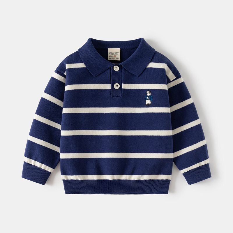 Kids Lapel Sweater Spring and Autumn Boys  Stripes Polo Collar Clothes Children Embroider Bear Knitwear Children s Clothing Navy blue background with off-white stripes 100