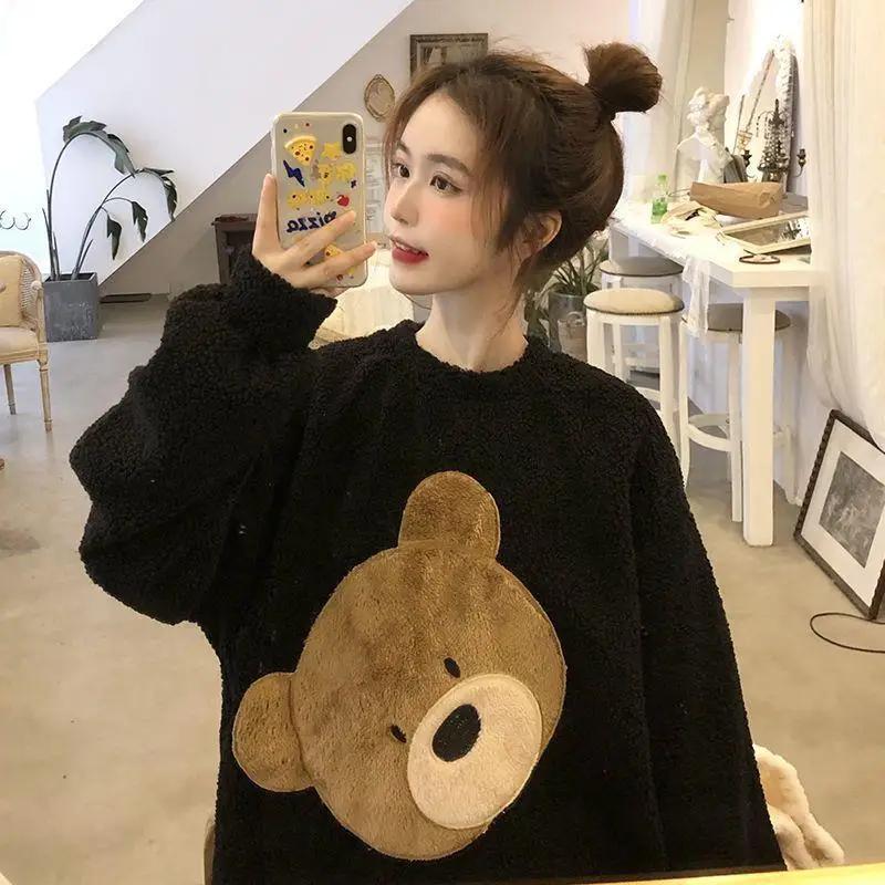 Thickened and Warm Women's Winter Two-piece Flannel Home Wear Pajamas O-neck Loose Cute Cartoon Women's Pajamas Home Wear