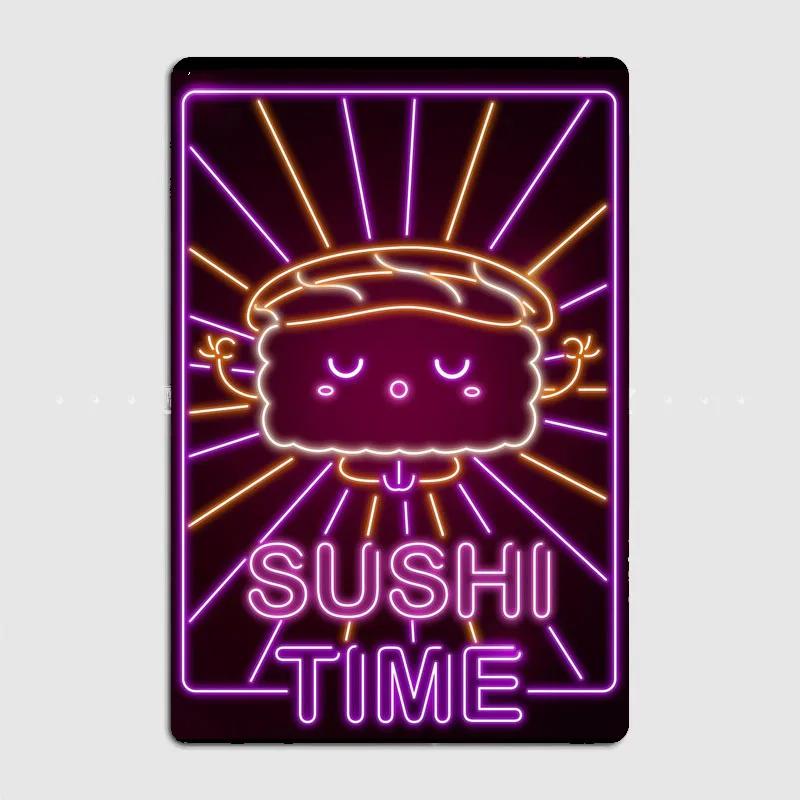 Kawaii Sushi Japanese Food Neon Sign Vintage Poster Metal Sign Cinema Kitchen Printing Room Wall Decor Tin Home Decoration