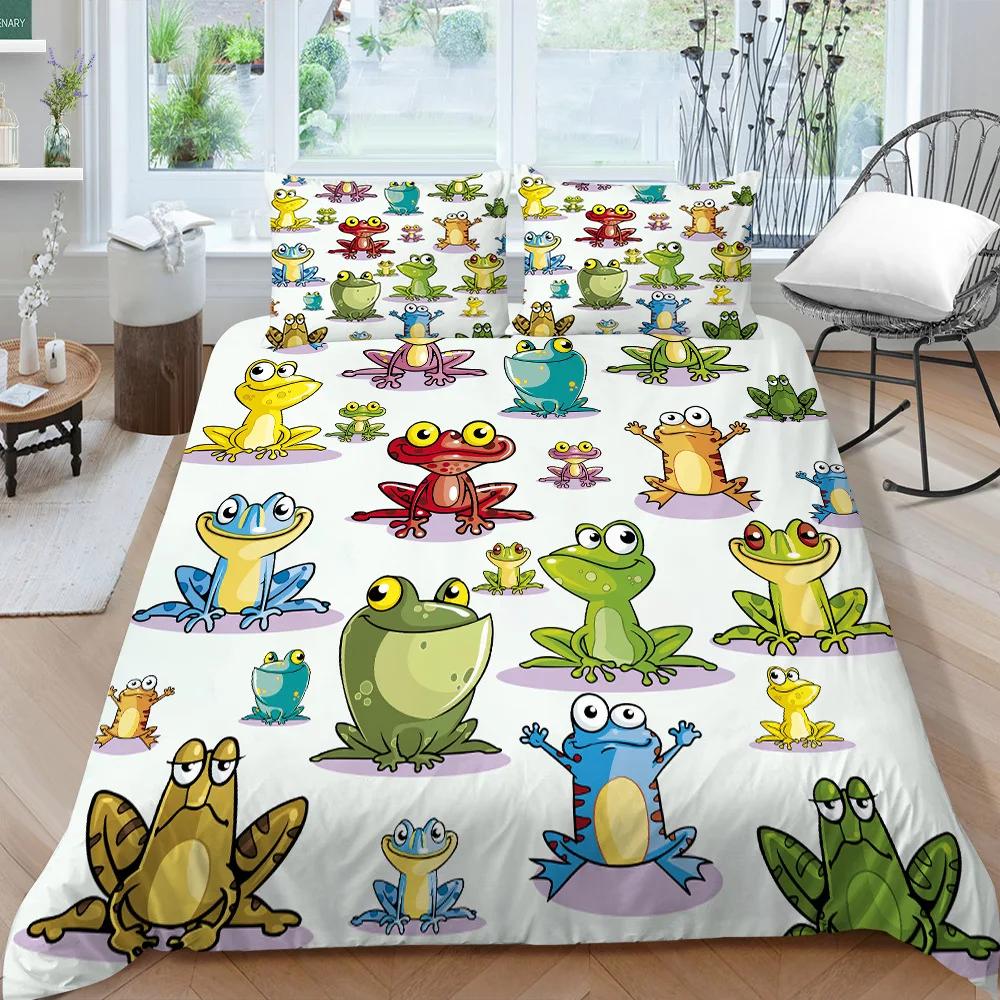 Cartoon Frog Duvet Cover Set King/Queen Size Reptile Animal Theme Bedding Set Cute Green Frog Polyester Comforter Cover for Kids