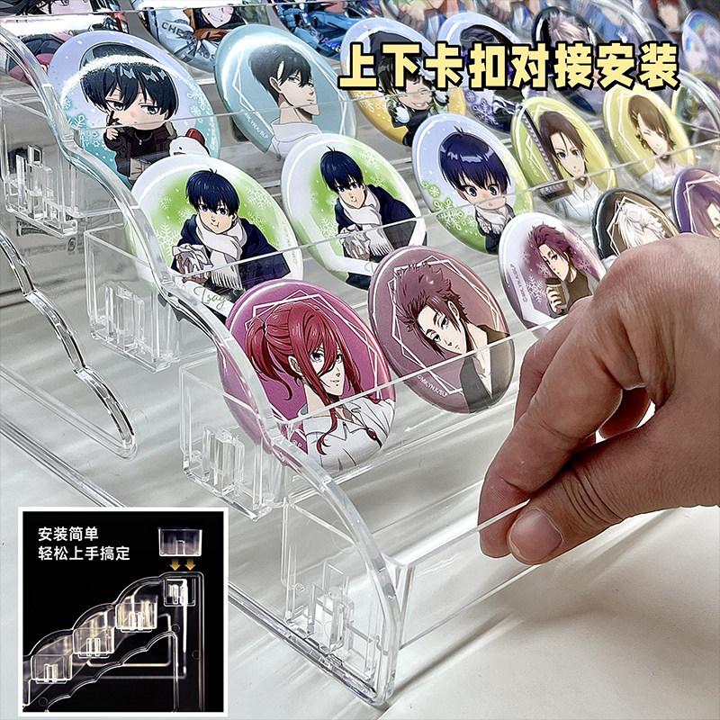 Badge Display Stand Acrylic, Tiered Transparent Collector Shelf for Pins & Anime Merchandise, Desktop Organizer Box