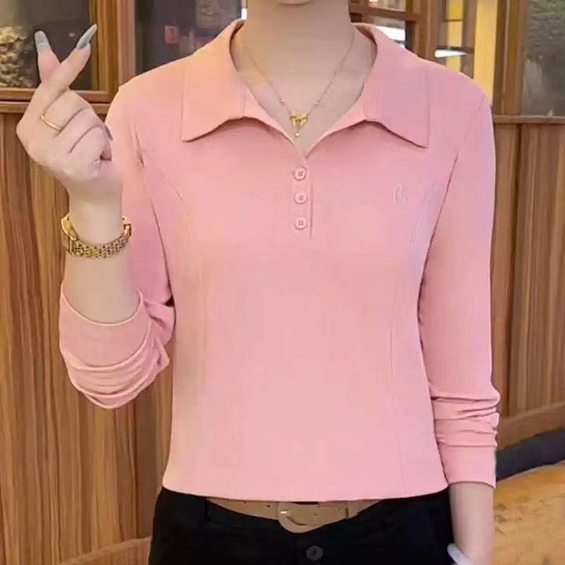 Spring and Autumn Fashionable Western-style T-shirt for Women, Simple Solid Color Lapel, Long Sleeved Embroidery for Slimming, POLO Collar Base