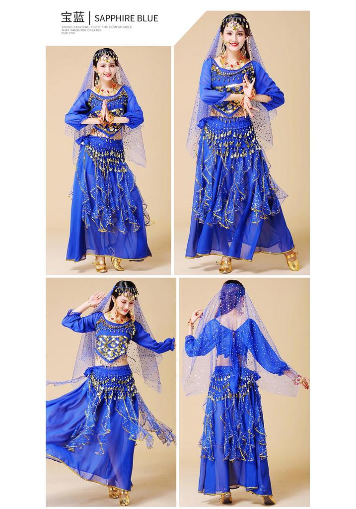Women's Long Sleeve Indian Belly Dance Performance Costume with Short Sleeve Long Skirt