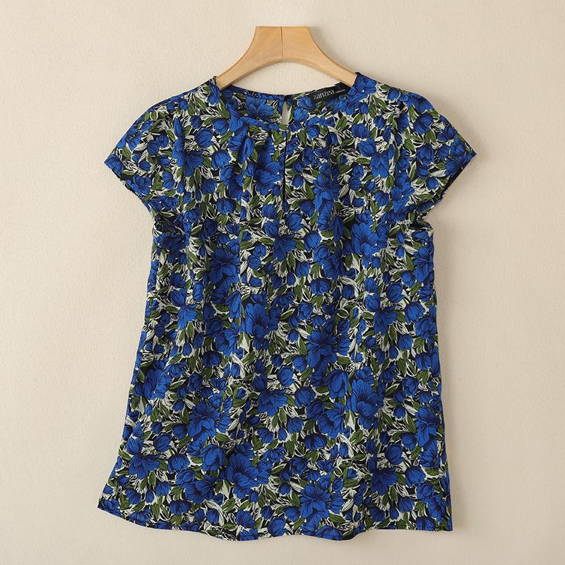 

ZANZEA Женские повседневные блузки с короткими рукавами и круглым вырезом с цветочным принтом 4XL синий