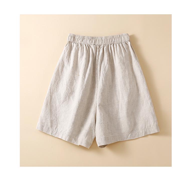 Women's Summer 2024 Retro Cotton Linen Ruffle Wide-Leg Shorts - Casual, Loose Mid-Length.