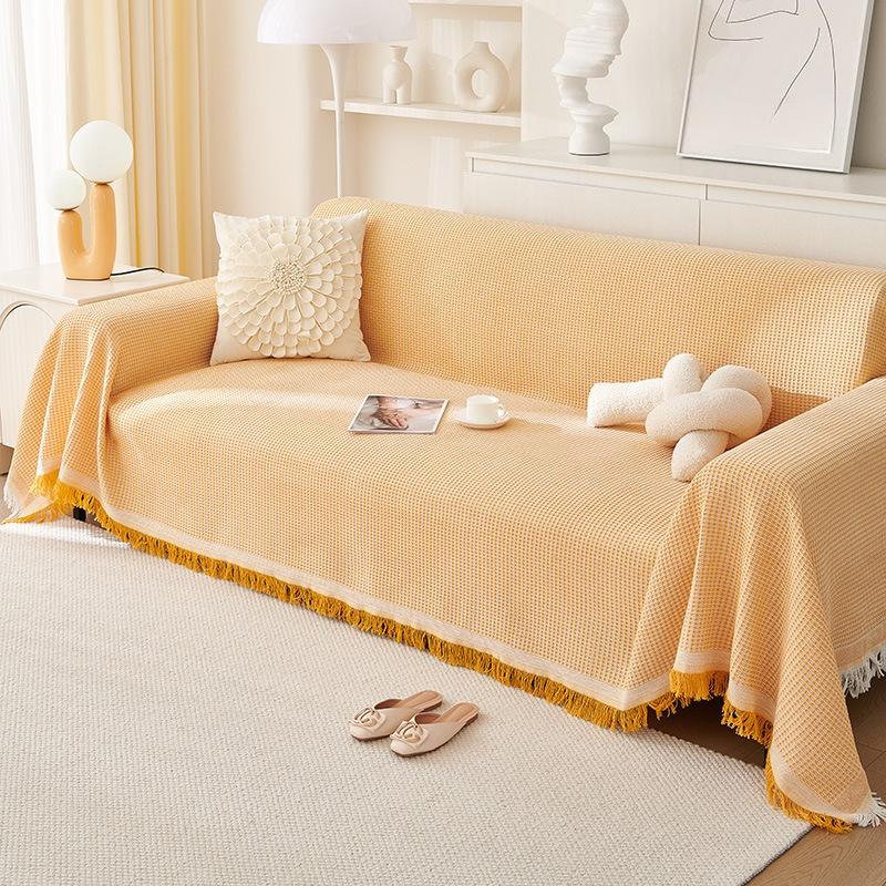 Ins Cream Style Cozy Cotton Yarn Sofa Throw Machine Washable All-Season Full Coverage Sofa Cover Multi-Purpose Camping Blanket Universal Sofa Mat