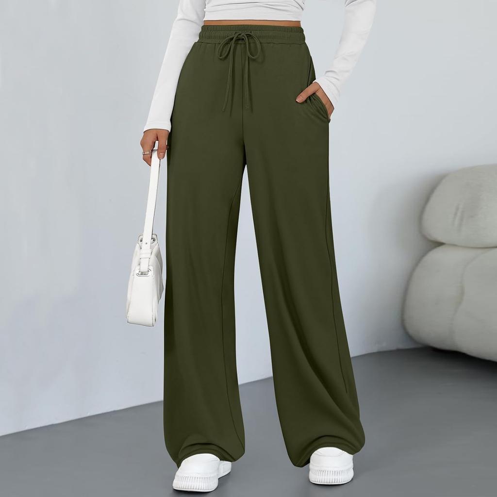 Modische Damen-Farbhose mit weitem Bein, hoher Taille, lockeren Taschen mit Kordelzug, Freizeithose