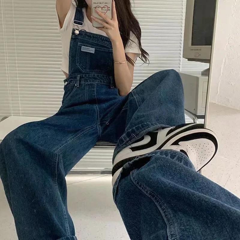 Blue Jumpsuits Jeans Women Straight Fashion Casual Wide Leg Pants Streetwear High Waist Vintage Female Harajuku Y2K Trousers