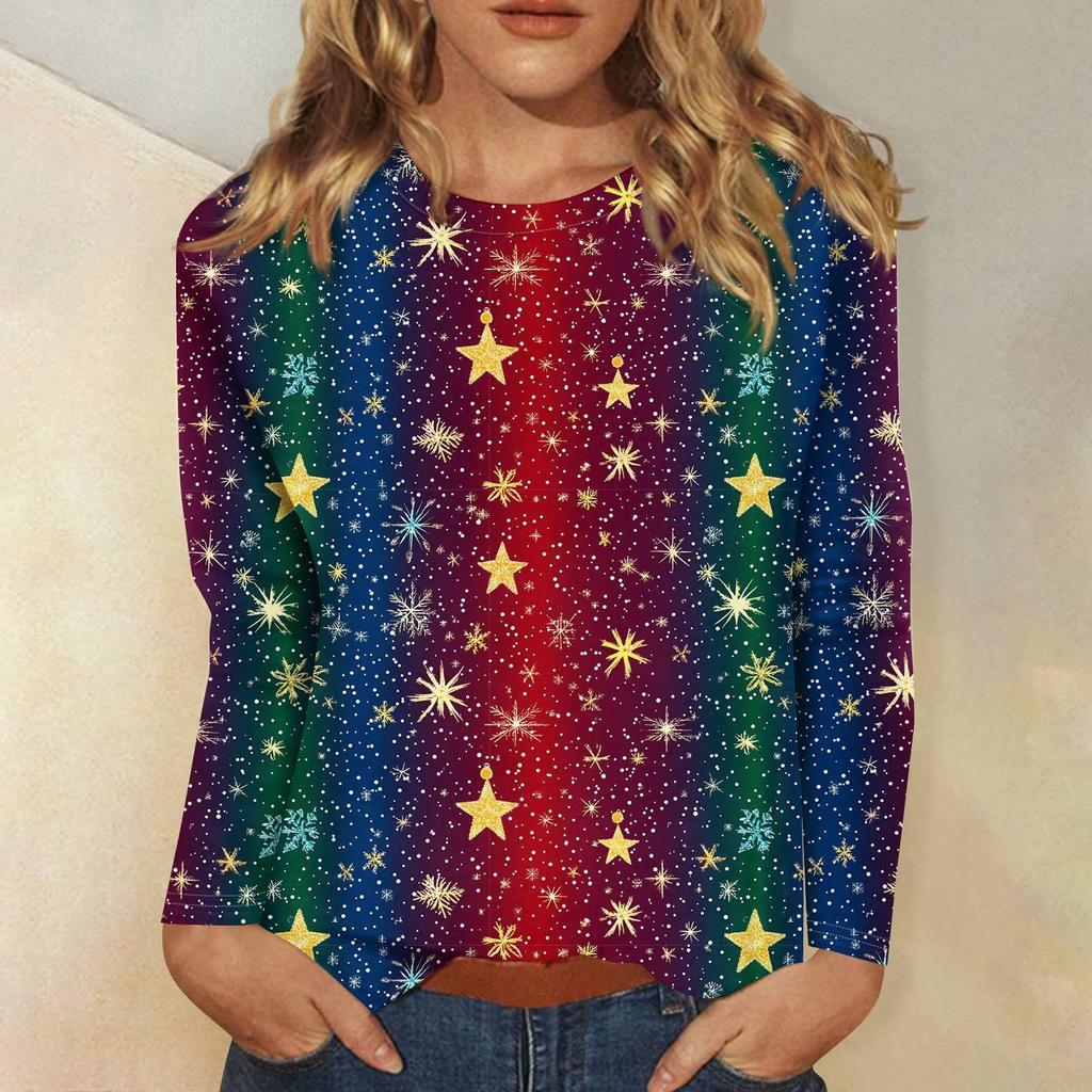 T-shirt à manches longues et col rond pour femme, décontracté et tendance, imprimé de Noël