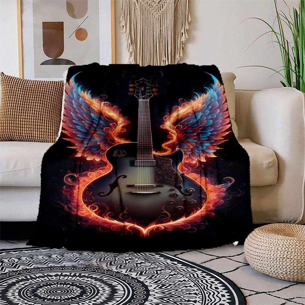 "Angel Wings Electric Guitar - Flame Design"Blanket Flannel Throw Blanket for Sofa, Bed, Travel, Camping, Office