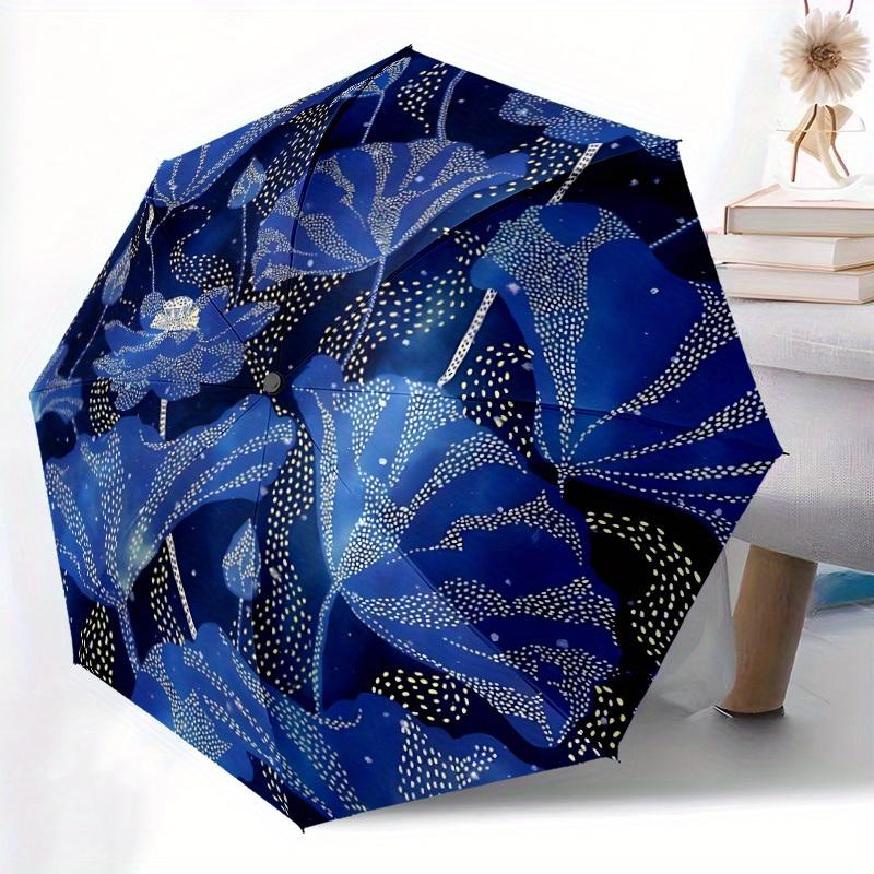 

1pc Automatic Open/Close Umbrella with Auto Opening/Closing, Navy Blue for Lotus Floral pattern - Compact Folding Umbrella for Iron&8K