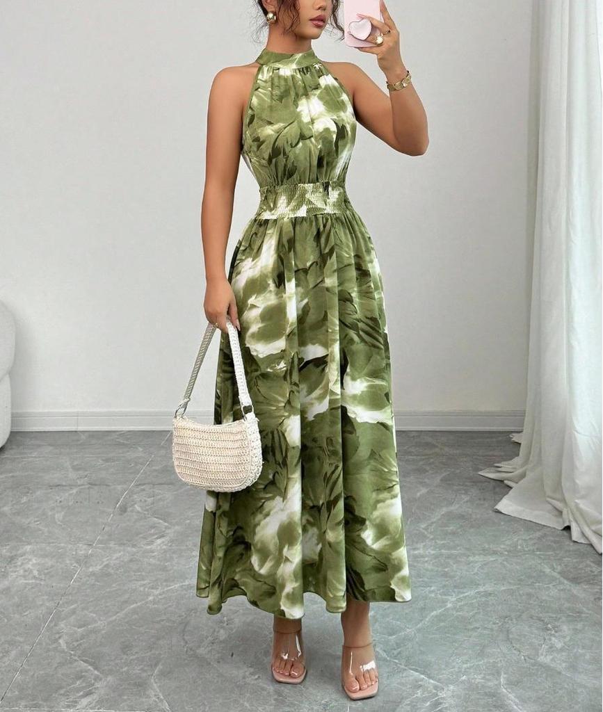Women's Halter Neck Ruched Waist Sleeveless Ruffle Dress for Summer 2026