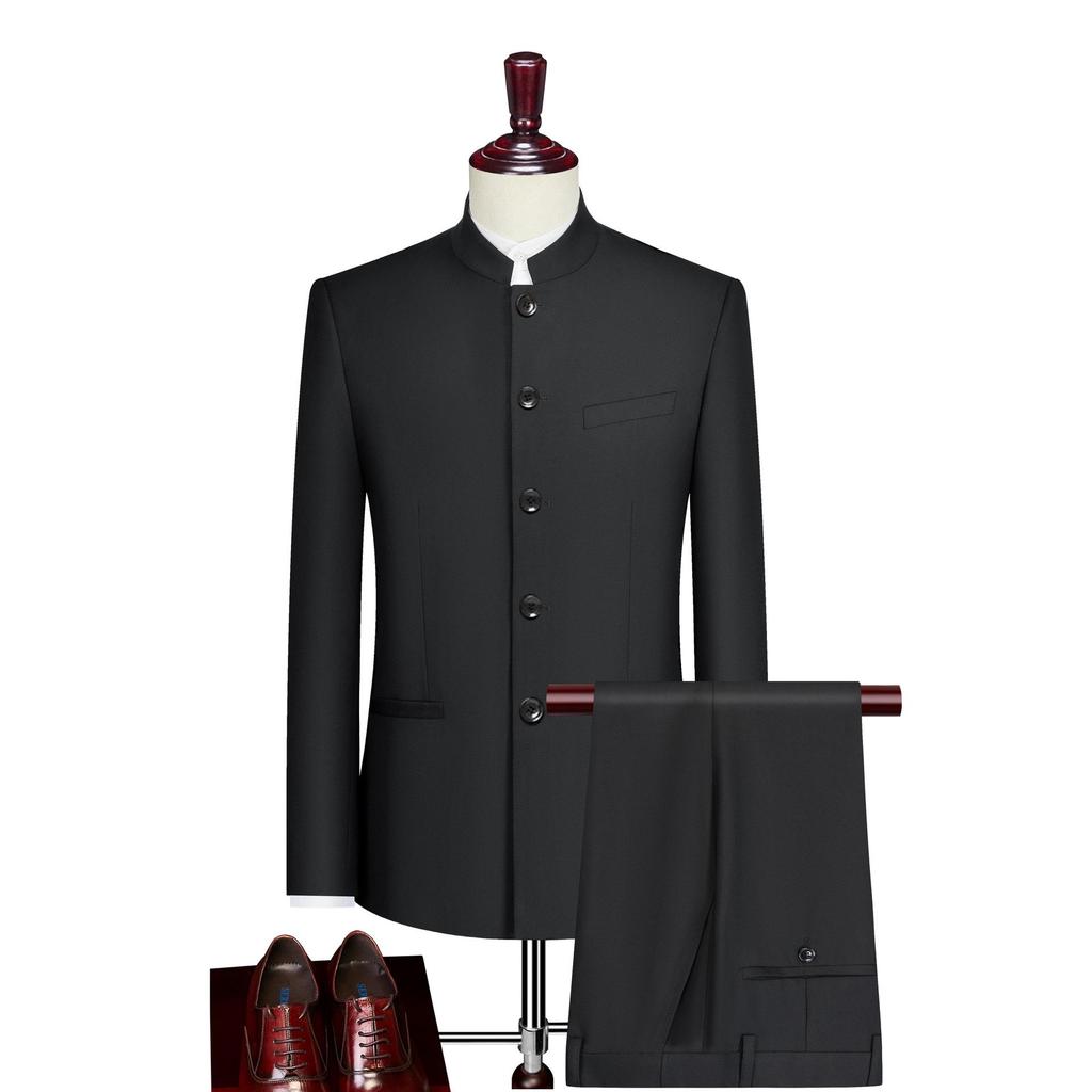 Men's Slim Fit Zhongshan Suit Set - Chinese Style Tuxedo with Stand-Up Collar, Four Seasons Wear