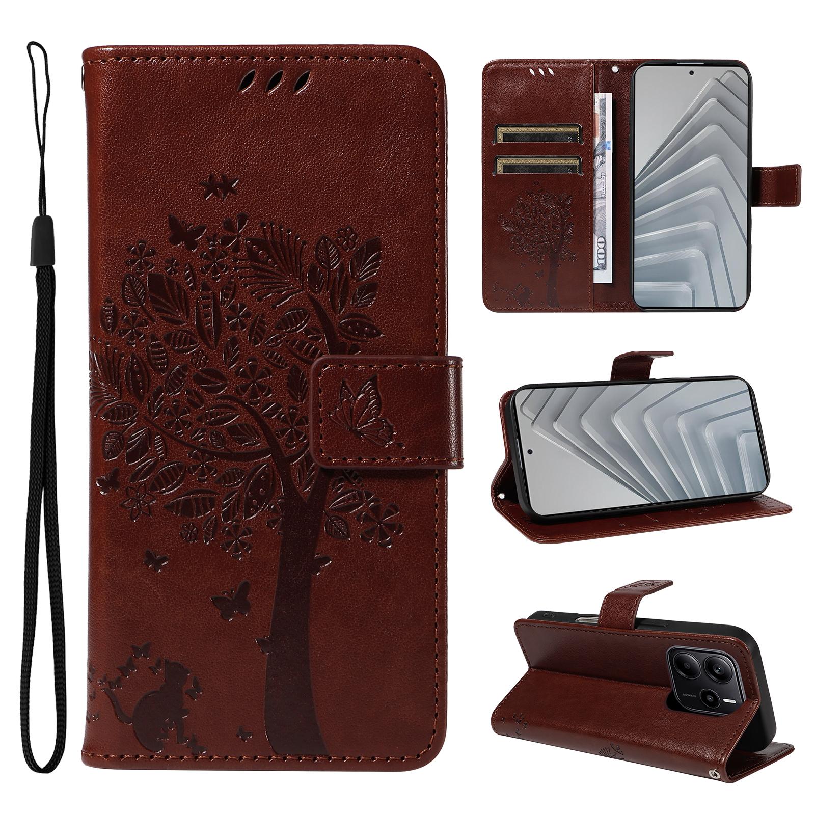 

Для Xiaomi Redmi Note 14 4G (163,25x76,55x8,16 мм) Чехол для телефона с подставкой, узор «Кошачье дерево», кожаный кошелек, мобильная обложка Coffee